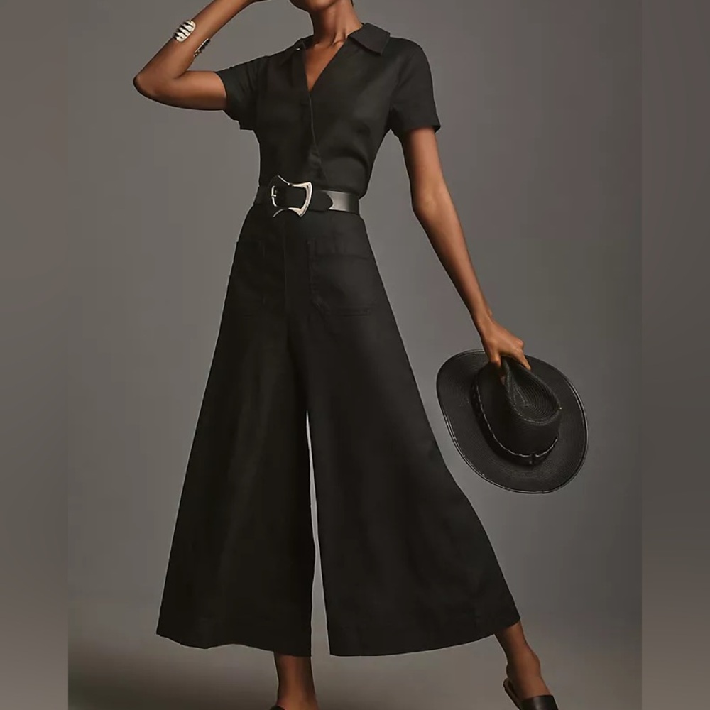 Anthropologie Black Short-Sleeve Wide-Leg Jumpsuit